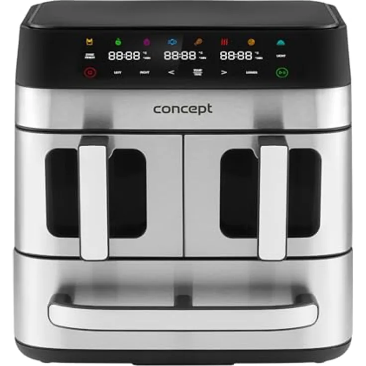 Concept FR9000 PIZZA TRIO, Heißluftfritteuse mit 2700 W, 18,5 l Volumen, synchronisiertes Garen, 8 Programme, Edelstahl/Schwarz