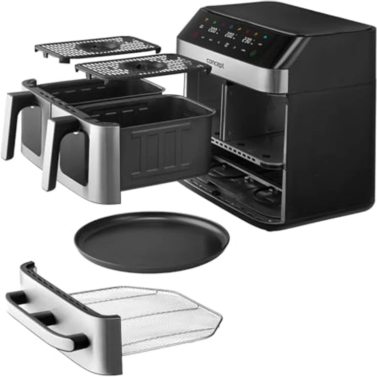 Concept FR9000 PIZZA TRIO, Heißluftfritteuse mit 2700 W, 18,5 l Volumen, synchronisiertes Garen, 8 Programme, Edelstahl/Schwarz – Bild 3