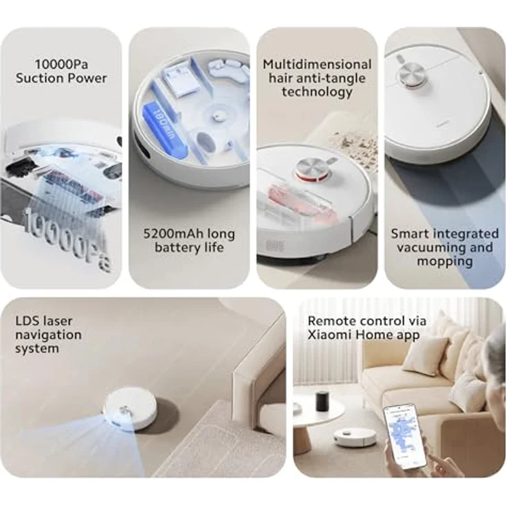 Xiaomi Robot Vacuum S40 EU, BHR084AEU, Staubsauger Roboter mit 5200 mAh Akku, bis zu 180 Minuten Laufzeit, beutellosem Staubbehälter, Nasswischfunktion, Weiss – Bild 3