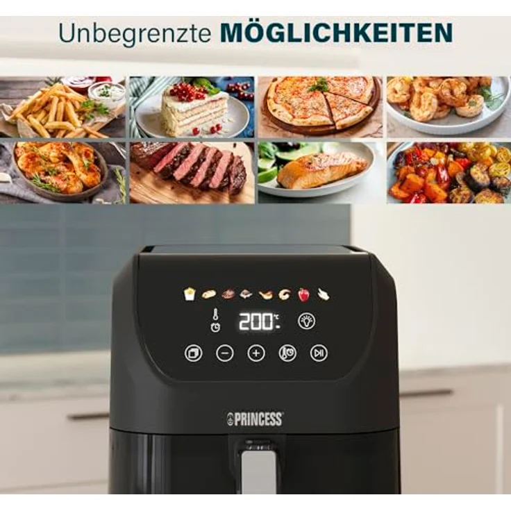 Princess Slim Airfryer 5L - Heißluftfritteuse mit 1500 W, Ölfrei, 8 Kochprogramme, Platzsparendes Design - Antihaftbeschichtung - Schwarz 182240 – Bild 5