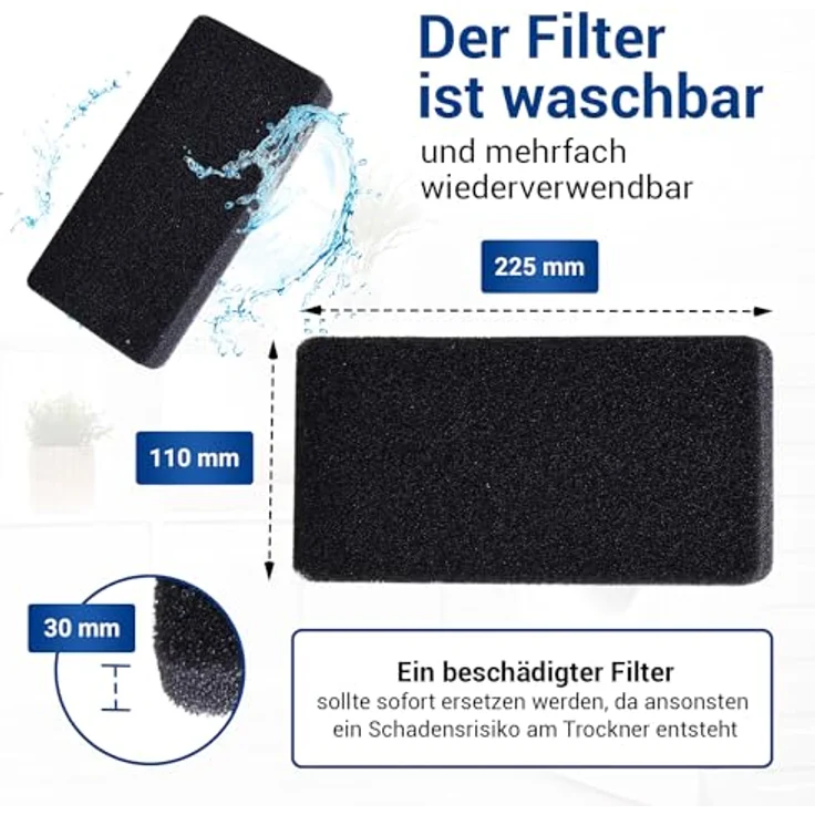 VIOKS 2x Trockner Filter Schaumstoff 225x110x30mm, Ersatz für Gorenje Wärmepumpentrockner, langlebig und waschbar – Bild 5