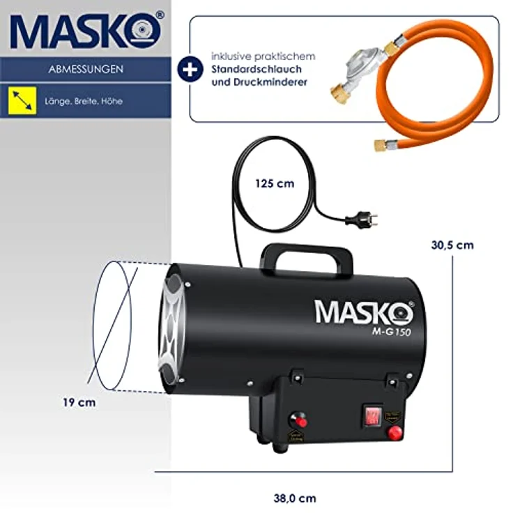 MASKO Gasheizgebläse Gasheizer Heizkanone Gasheizstrahler Bauheizer Gas Heizgerät heizstrahler Heißluftgenerator inkl. Gasschlauch & Druckminderer Heizgebläse für handelsübliche Gasflaschen Schwarz, 15 kW,  – Bild 6