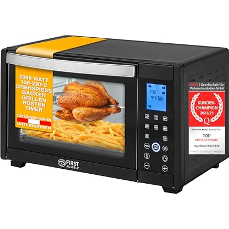 TZS First Austria Minibackofen, 30L, 1600 Watt, Digitalanzeige, kompakter Elektroofen für den Tischgebrauch, Backen & Grillen, digitales Bedienfeld, inkl. Drehspieß, in Schwarz – Bild 1