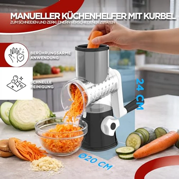 BI International Gemüseschneider mit Kurbel, Trommelreibe mit 3 Edelstahl-Klingen, stabiler Saugfuß und praktischer Lebensmittelschieber – Bild 4