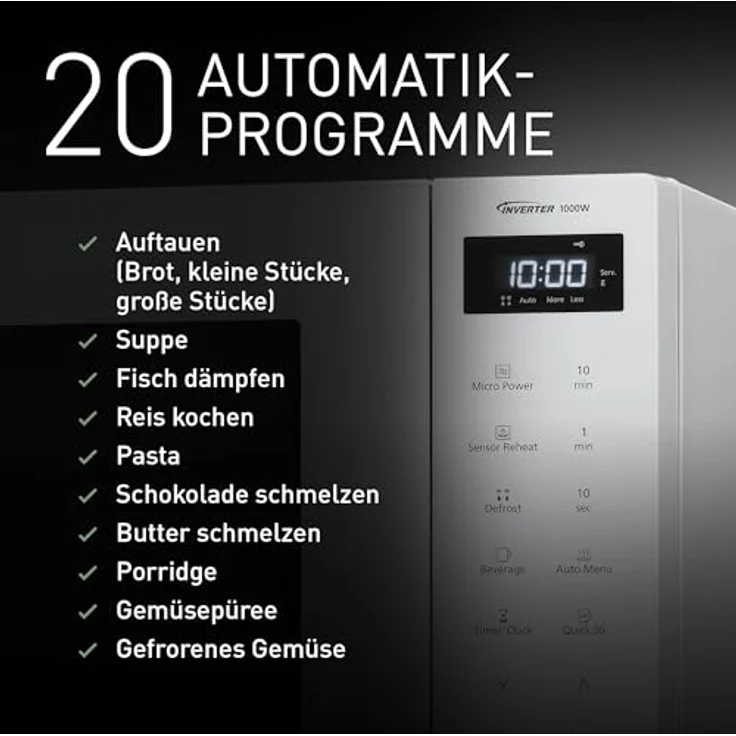 Panasonic NN-ST64QWEPG 32L Inverter Solo Mikrowelle, 1000 Watt, 20 Automatikprogramme, Quick 30 Funktion, Touch-Bedienung, Weiß – Bild 5
