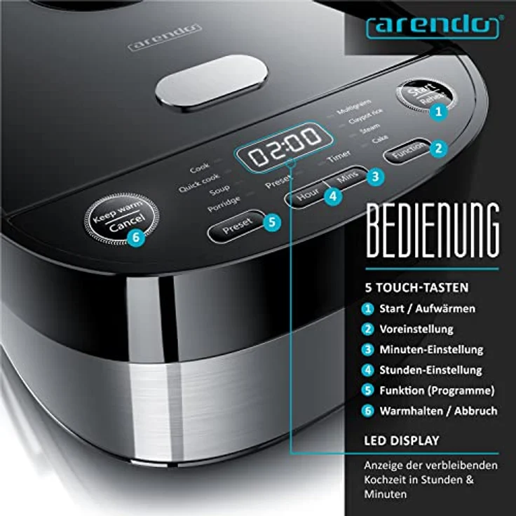 Arendo Rice Cooker 305648- Reiskocher Multikocher digital und Dampfgarer 4L – 3D Heizsystem – 8 Programme – Warmhaltefunktion – Timer – Antihaftbeschichtung - inkl. Dampfgareinsatz, Messbecher, Reislöffel, Schwarz – Bild 3