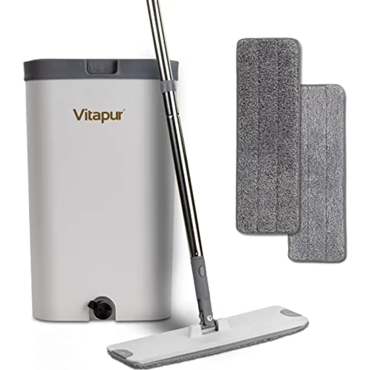 VITAPUR Wischmopp und Eimer Set mit 2er Moppads und Reinigungsbürste, Selbstreinigend Flach Mopp Bodenwischer Set für Boden Reinigung, Fliesen, Parkett, Laminat - Preisvergleich