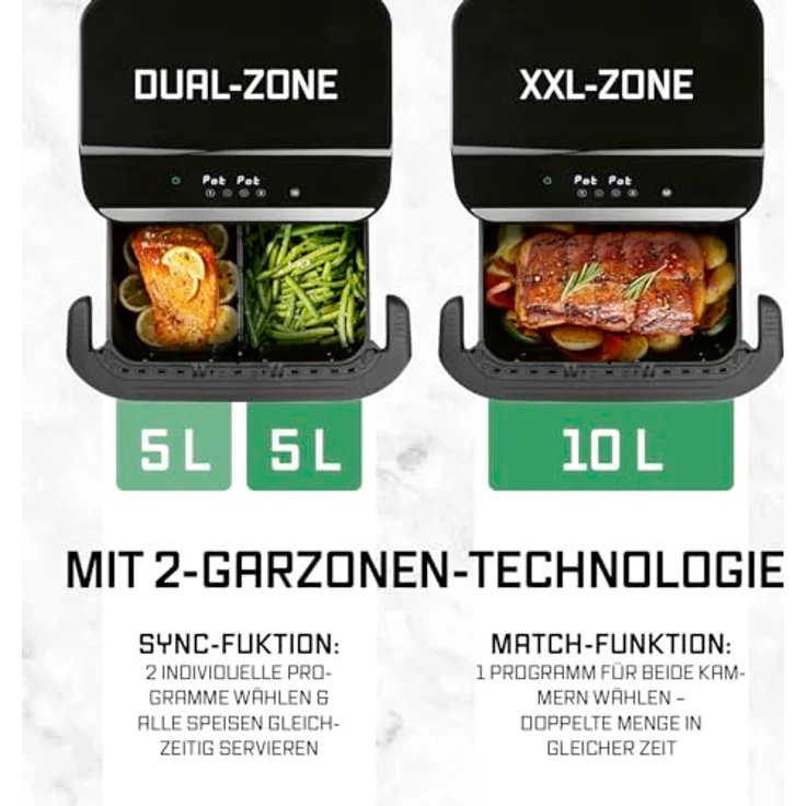 DS Produkte GM 2x 5L Vario Heißluftfritteuse, 2400W mit Divider, schwarz, 8 Programme, 2 separate Garzimmer – Bild 6