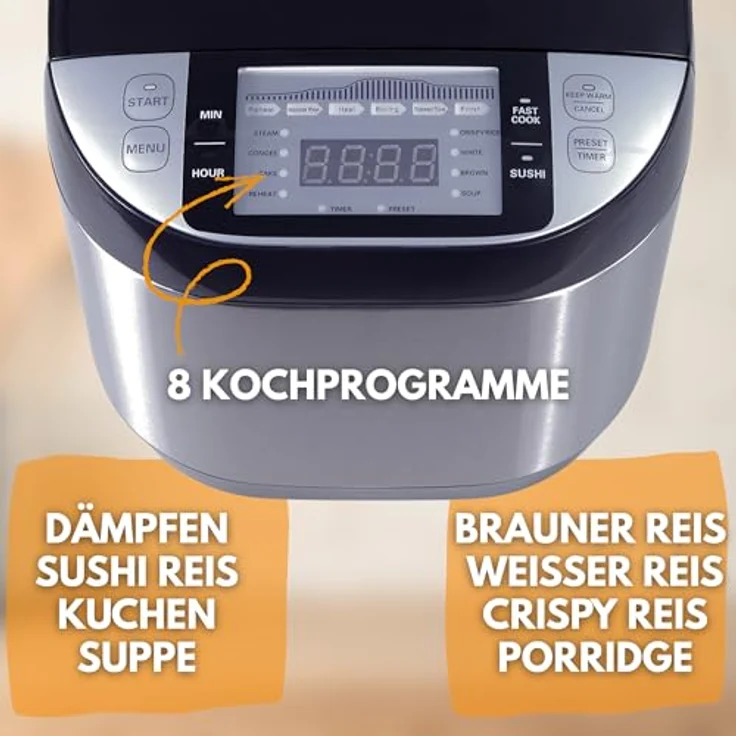 Sommertal Reiskocher RK50, 5 Liter elektrischer Multikocher mit 3D Heizsystem, Timer, Warmhaltefunktion & Touch Bedienung für Sushi Reis – Bild 4