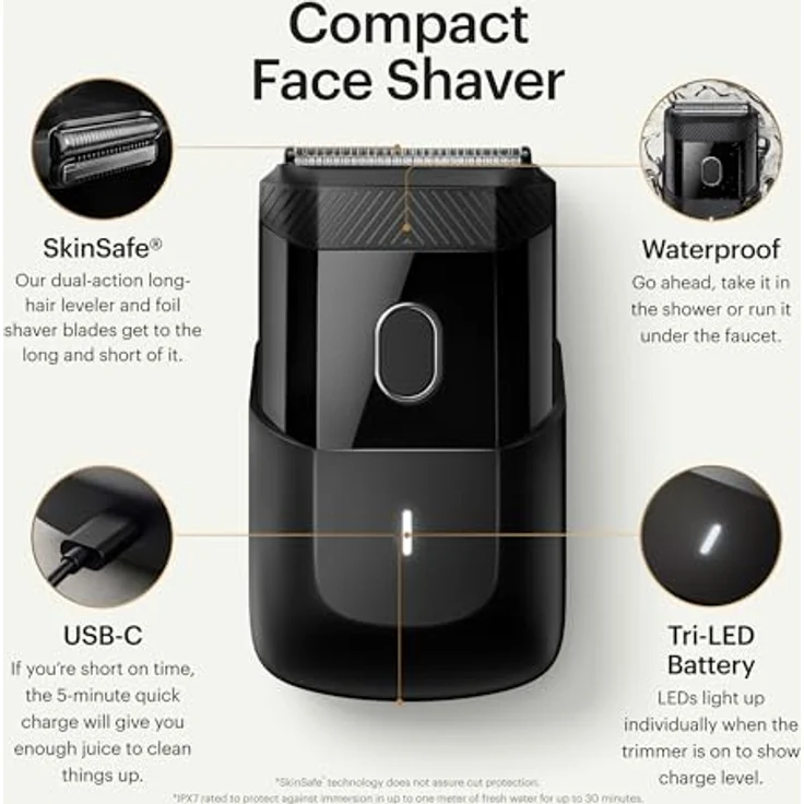 Manscaped Refining The Gentleman The Handyman™: Reise-Rasierapparat mit USB-C-Ladekabel, 60 Minuten Laufzeit, abwaschbar, Langhaartrimmer und Folienscherkopf, schwarz – Bild 2