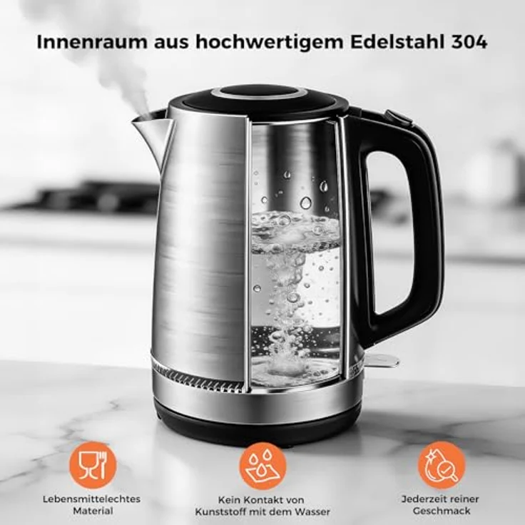 YASHE Wasserkocher Edelstahl 1,7L, 2200W, kabellos mit 360° Basis und Kalkfilter – Bild 4