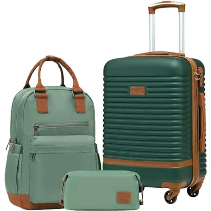 COOLIFE Koffer Trolley Reisekoffer aus ABS Hartschale, Handgepäck 56x40x24 cm, 4 Rollen, TSA-Schloss, inkl. Reiserucksack & Kulturbeutel, Dunkelgrün/Braun, 3-teilig – Bild 1