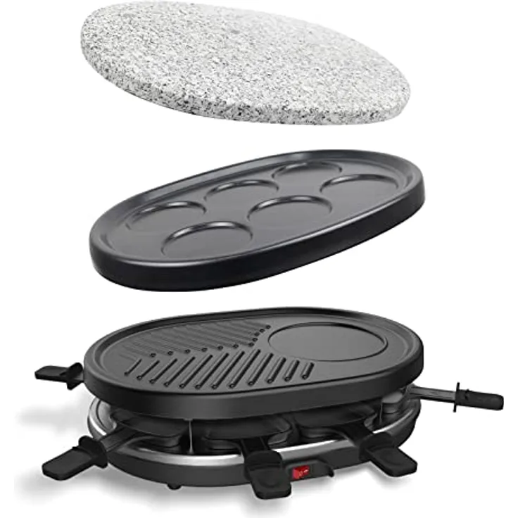 Leogreen - Raclette-Grill, Raclette 4 in 1 für 8 Personen, Elektrischer Grill, Steingrillplatte, Pfannkuchengrillplatte, Vollständiger Satz Grillplatten, Schwarz