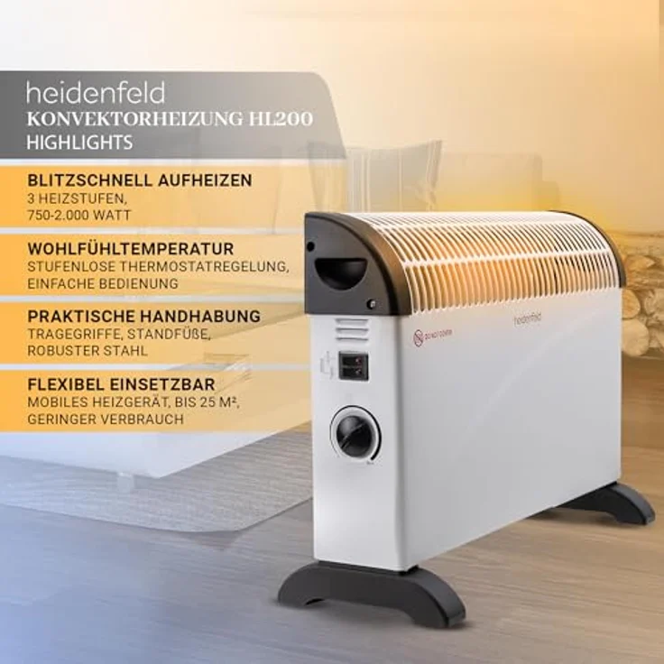 Heidenfeld elektrische Konvektorheizung HL200 | 3 Jahre Garantie - 2000 Watt - Konvektor - Thermostat - Frostwächter - Elektroheizung - Heizung - Heizlüfter - Bis 25 m² (Ohne Turbo, ohne Timer) - Rostfreier Stahl – Bild 2