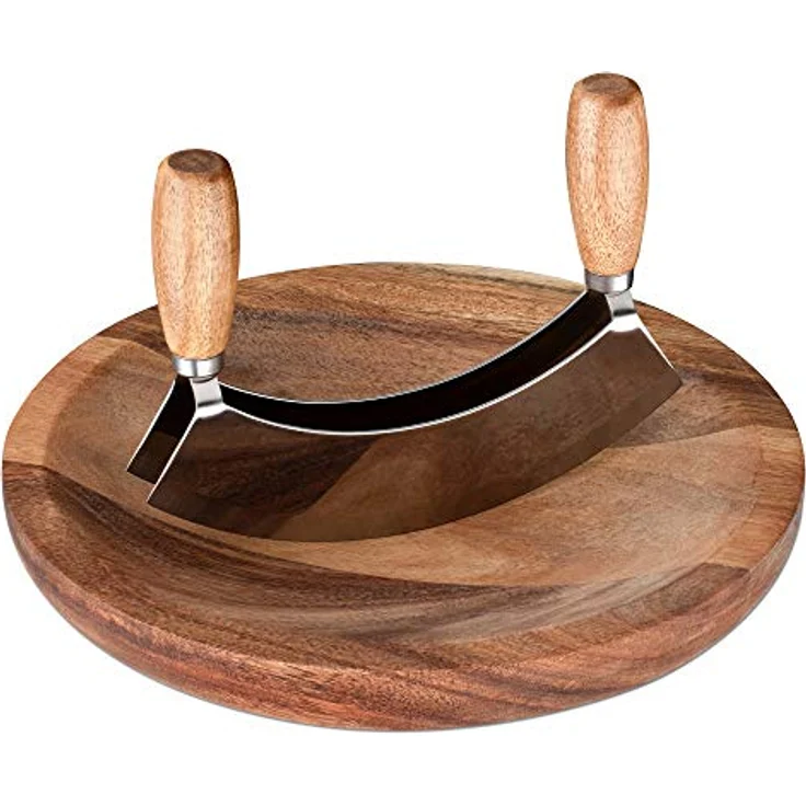 Navaris Kräuterbrett mit Mezzaluna Wiegemesser - 17x13,5cm Kräutermesser Biegemesser aus Edelstahl - für Kräuter Gewürze - mit Brett aus Akazienholz – Bild 5