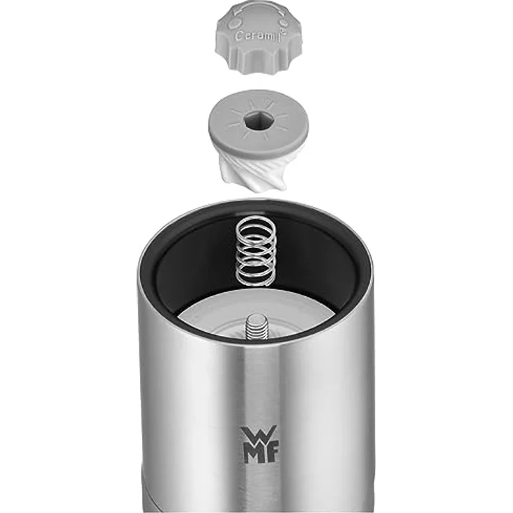 WMF De Luxe Salz und Pfeffermühle-Set 2-teilig, befüllt, Keramikmahlwerk, Edelstahl Cromargan, Glas, Gewürzmühle für Salz, Pfeffer, Chillischoten, getrocknete Kräuter, H 14 cm, Ø 6 cm, schwarz weiß – Bild 6