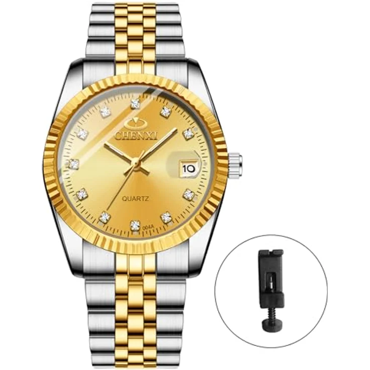 JewelryWe Paar Uhr Analog Quarz mit Kalender, 30M wasserdicht, Edelstahlarmband, Herren- und Damenmodell, Gold Strass Zifferblatt – Bild 4
