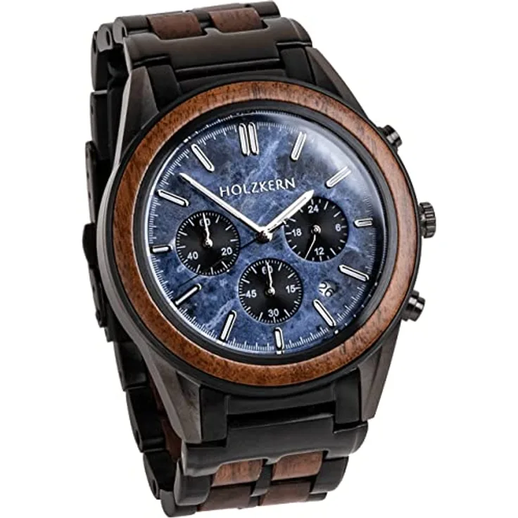 HOLZKERN Herren-Chronograph Quarz Space Dust, Edelstahl anthrazit, blaues Zifferblatt, mit Stoppuhr und Kalender