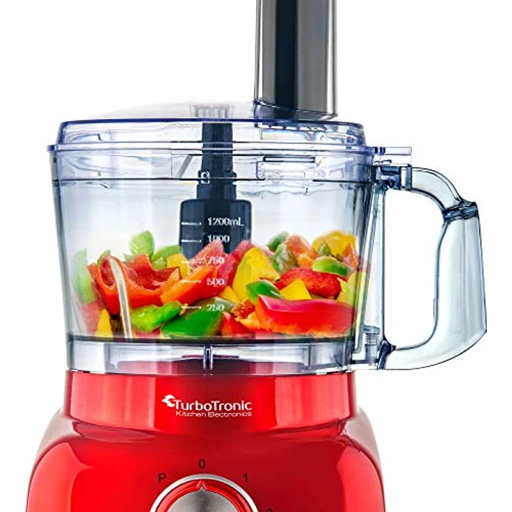 TurboTronic FP800 Küchenmaschine, 800 W mit 1,2 L BPA-freiem Behälter, Zerkleinerer, Zitruspresse, Mixer, multifunktional, schwarz-rot, 13-teiliges Zubehörset – Bild 8