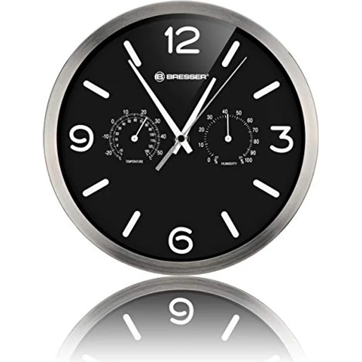 Bresser Funkuhr Wanduhr MyTime ND Thermo-Hygro mit geräuschlosem Funkuhrwerk, Edelstahlrahmen und Anzeige für Temperatur und Luftfeuchtigkeit, schwarz, 250x250mm – Bild 5