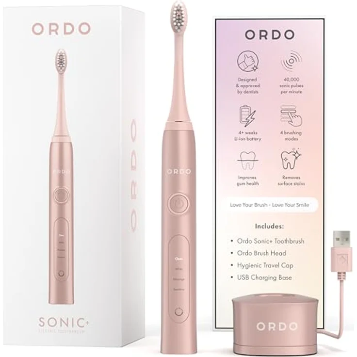 Ordo Sonic+ Elektrische Zahnbürste mit 4 Putzmodi, wiederaufladbarem Akku und Silikon-Polierelement, USB-Ladegerät, Roségold – Bild 1