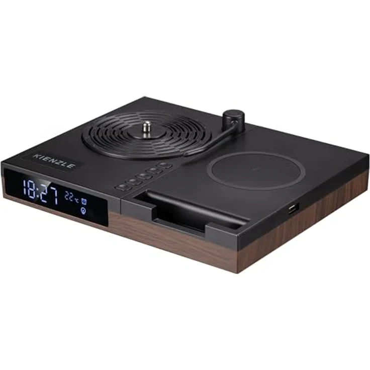 Kienzle Retro Plattenspieler Wecker mit Bluetooth Lautsprecher, kabelloser Ladestation, Temperaturanzeige, 2 Weckzeiten und Ambiente Licht – Bild 4