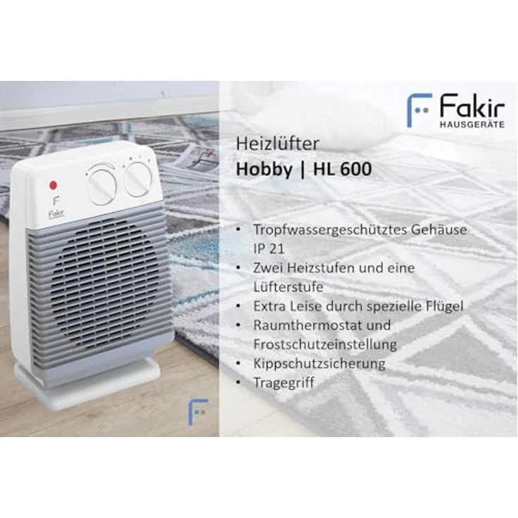 Fakir HL 600 Hobby - Heizlüfter , Badheizlüfter, Tischventilator, mit 2 Heizstufen, inkl. Thermostatventil, extra leise – 2.000 Watt, Heizlüfter – Bild 3