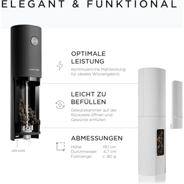 LARS NYSØM Salz und Pfeffer Mühle Elektrisch 2er Set mit einstellbarem Keramik-Mahlwerk von grob bis fein I Design Gewürzmühlenset Automatisch (2 Stück, Black/White) – Bild 4