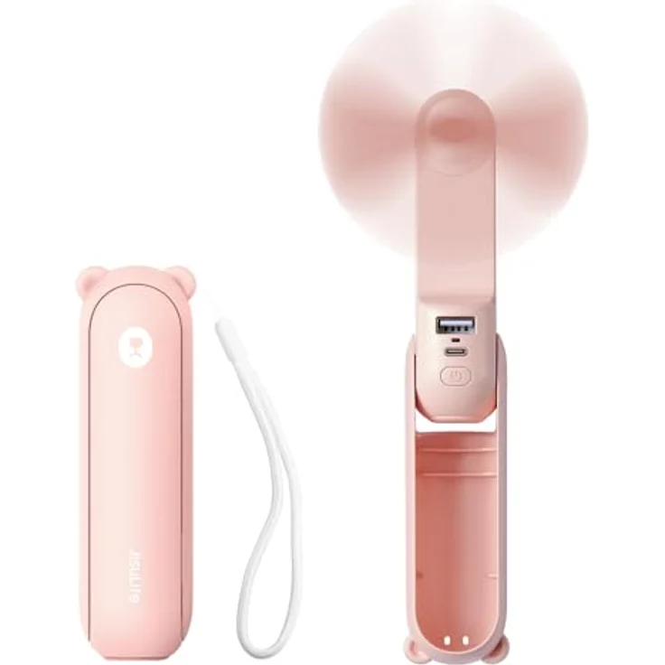 JISULIFE Mini Handventilator, 3-in-1 tragbar mit 12–19 Betriebsstunden, wiederaufladbarer USB, Powerbank und Taschenlampe, rosa – Bild 1