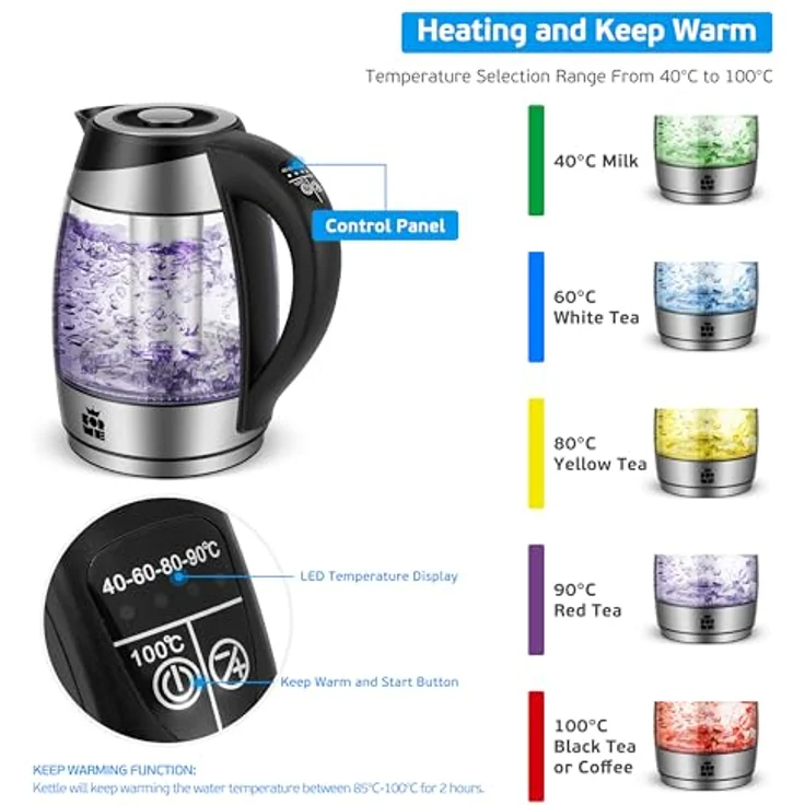 FOR ME Glas Elektrischer Wasserkocher mit Teesieb 1,8L, Temperaturwahl 40-100°C, LED-Beleuchtung in 5 Farben, Warmhaltefunktion, BPA-frei – Bild 2
