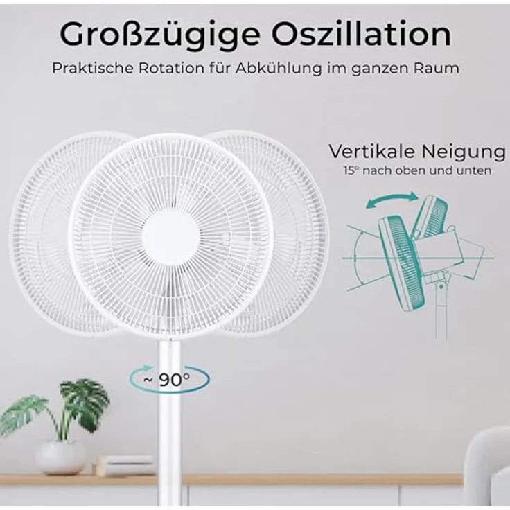 KLAMER Silent Ventilator, extra leiser DC Designventilator mit Fernbedienung, 12 Geschwindigkeitsstufen von lau bis turbo, Standventilator, Schlaf- & Eco-Modus, 8h Timer, autom. 90° Oszillation, weiß – Bild 4
