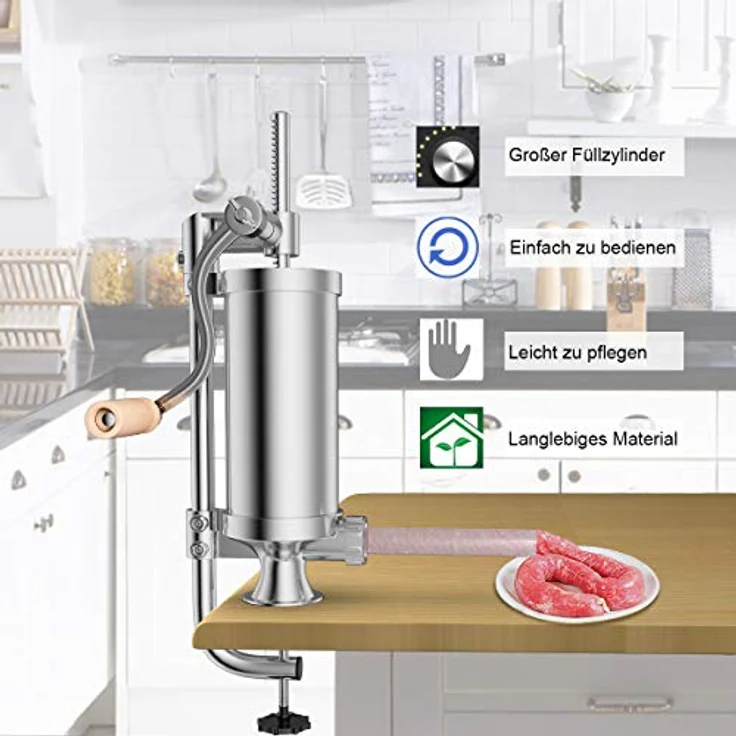 COSTWAY Wurstfüllaufsatz Wurstfüller, 1,5L, 4 Füllrohre (15/Ø19/Ø22/Ø25mm), Aluminium/Kunststoff, rutschfeste Schraubzwingenbefestigung – Bild 7