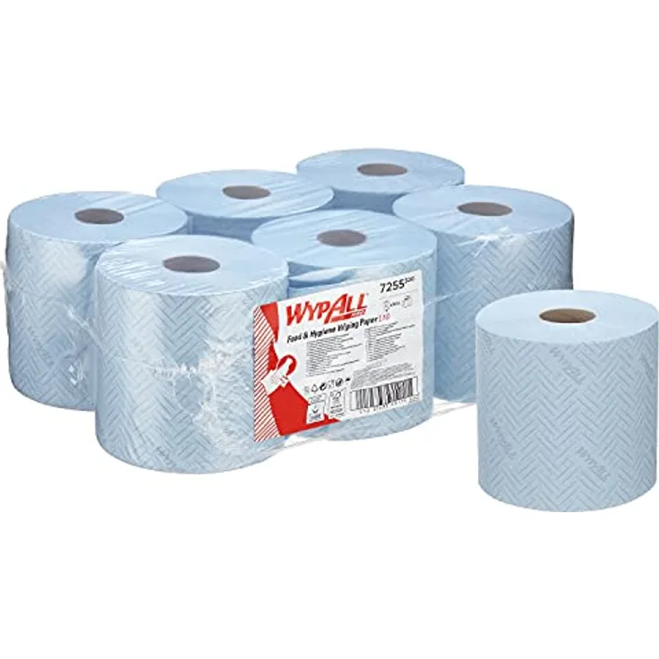 WypAll L10 Papierreinigungstücher für Lebensmittel und Hygiene 7255 – 1-lagige blaue Rolle mit Zentralentnahme – 6 Rollen mit Zentralentnahme x 800 Papierreinigungstücher (insges. 4.800)