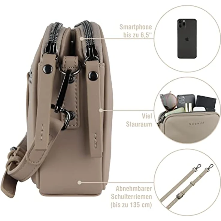 Bugatti Almata Crossbody Bag, Umhängetasche aus Kunstleder mit 3 Hauptfächern, braun – Bild 4