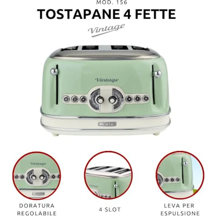 Ariete 156 Vintage, Toaster für 4 Scheiben, 1600 W, 6 Toaststufen, aus Pastellgrün lackiertem Edelstahl, ohne Zangen – Bild 2
