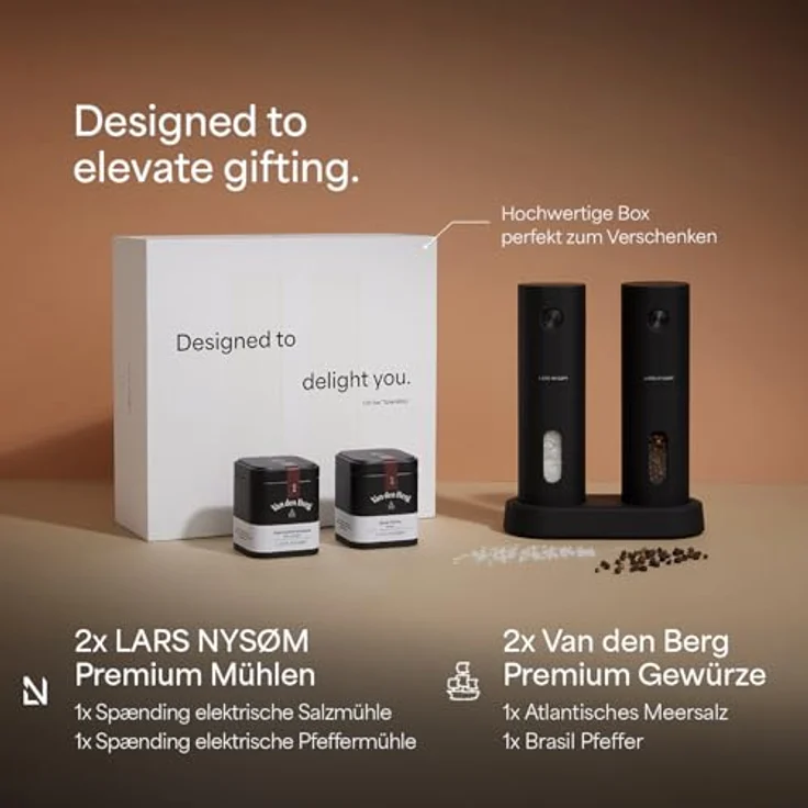 LARS NYSØM Gewürzmühle Spænding, elektrisches Salz- und Pfeffermühlenset mit Einhandbedienung, 2er Pack – Bild 2