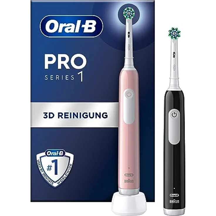 Oral-B Pro 1 Elektrische Zahnbürste/Electric Toothbrush für eine gründliche Zahnreinigung, Doppelpack, 3 Putzmodi inkl. Sensitive Zahnpflegee, Drucksensor & Timer, Designed by Braun, schwarz/pink – Bild 1