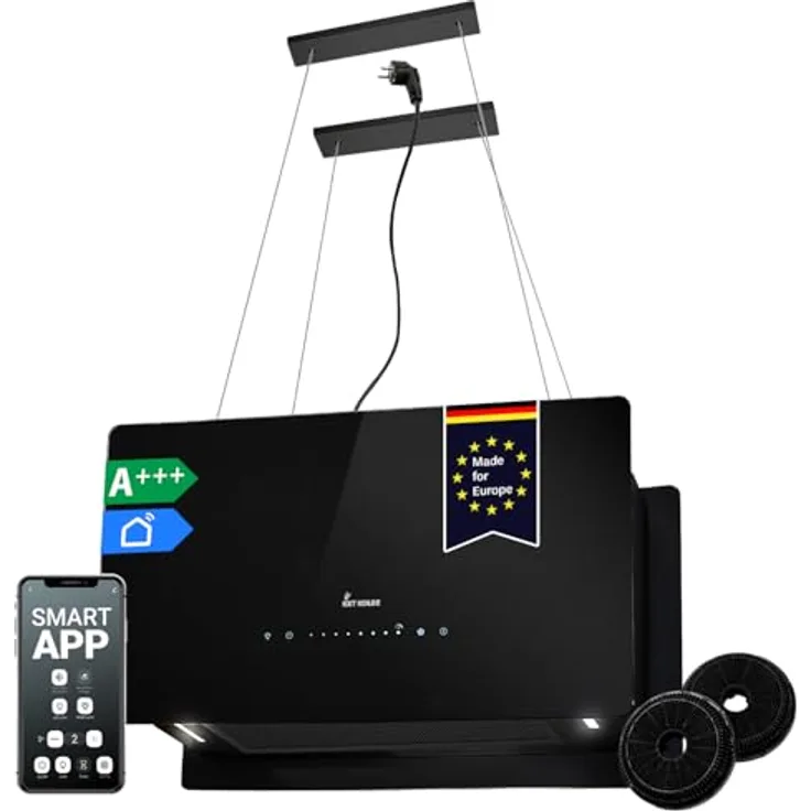KKT KOLBE CUBE60FB, A+++ Dunstabzugshaube 60 cm, 684 cbm/h Umluft, 9 Stufen, Smart WLAN, freihängend, schwarz, Glas, LED-Beleuchtung, Nachlaufautomatik
