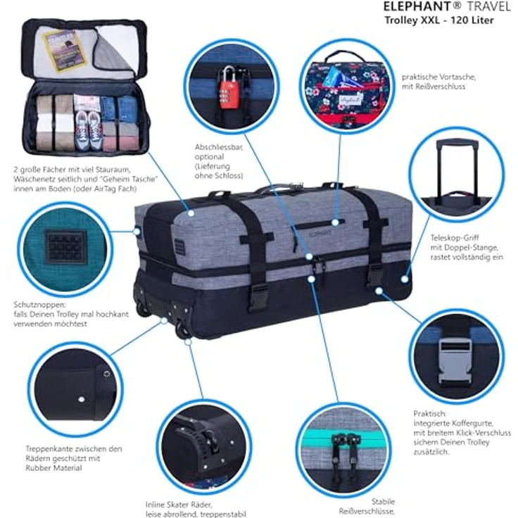 Elephant Trolley XXL Koffer 120 Liter 80 cm Reisetasche mit 2 Hauptfächern (Blau-Schwarz 13032) – Bild 5