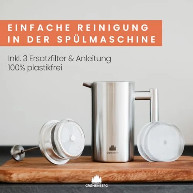 Groenenberg Spar Set 5 | French Press Thermo (3 Größen) + Edelstahl Kaffeemühle manuell | Handkaffeemühle | Kaffeepresse inkl. Ersatzfiltern (350 ml French Press) – Bild 4