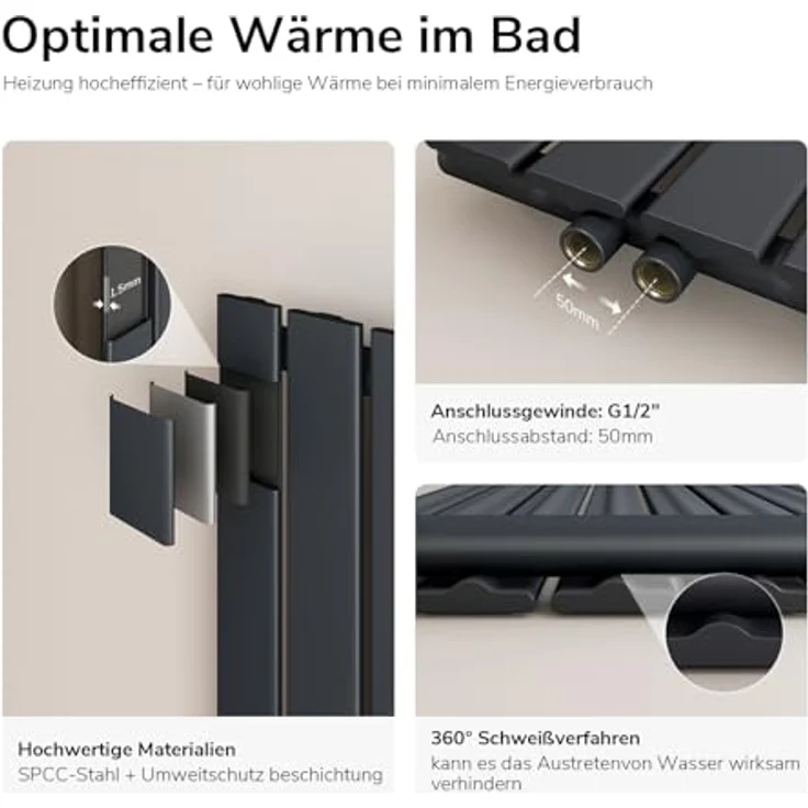 Emke Heizkörper 63x85cm, 1136W Anthrazit, Doppellagig, horizontal, ideal für Bäder und Küchen – Bild 3