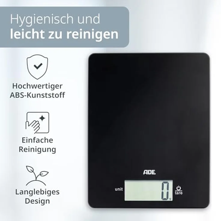 ADE Digitale Küchenwaage KE 1800-4 Leonie (Elektronische Waage für Küche und Haushalt, extrem flach, präzises Wiegen bis 5 kg, Zuwiegefunktion) schwarz – Bild 7