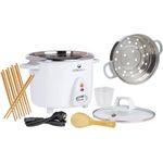 KeMar Reiskocher (1,8L, 700W, Weiß) mit Warmhaltefunktion, inkl. Dampfgarer-Einsatz, Bambuslöffel & Messbecher (KRC-300+Dämpfeinsatz) -10 Messbecher 1-10 Personen, Edelstahltopf, Edelstahlschüssel