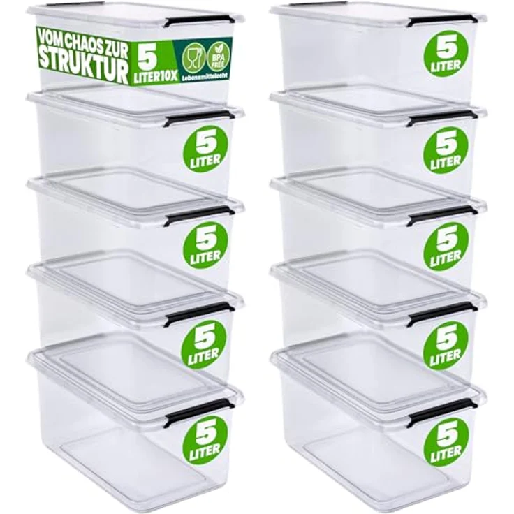 Deuba® 10x Aufbewahrungsbox mit Deckel 5L Box Kunststoff Kisten lebensmittelecht BPA frei Klein Klickverschluss Transparent Stapelbar Küche Schlafzimmer, Set in 2 Größen (20x15x12cm und 30x20x12cm) – Bild 1