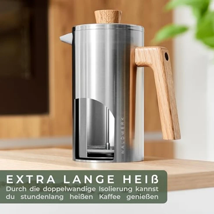 Waldwerk French Press Kanne Kaffeebereiter aus doppelwandigem Edelstahl mit Eichenholz Holzgriff, 1l Kaffeekanne, plastikfreier Kaffeezubereiter – Bild 3