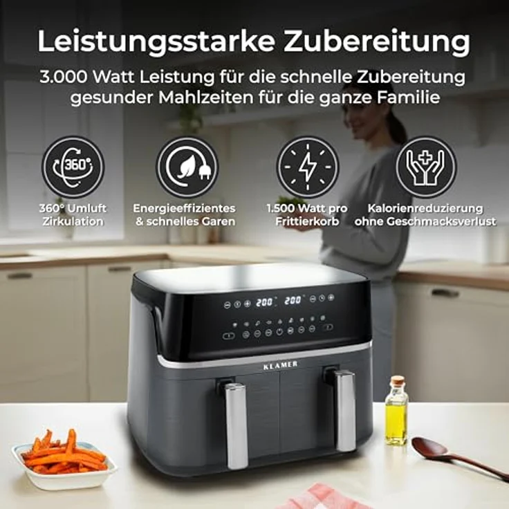 KLAMER Heißluftfritteuse Duo 9 L, Doppelkammer Airfryer mit 2 Körben, Digitaldisplay, 10 Automatikprogrammen, Dual-Funktion, Timer und 3000 W Heißluft-Zirkulation – Bild 4