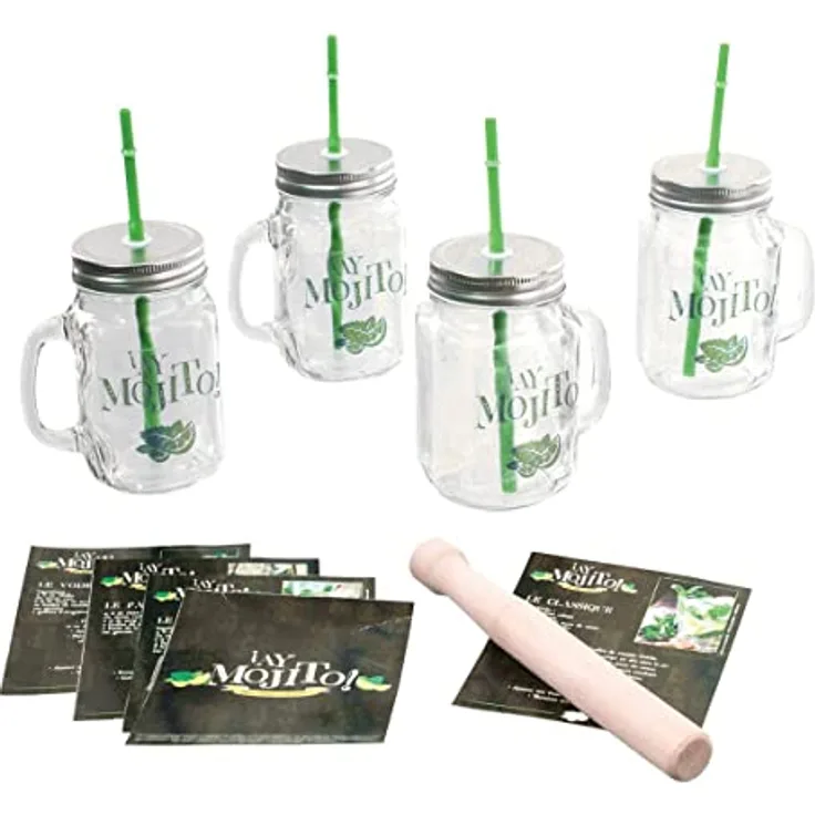 Secret de Gourmet Vorratsglas, 4 Glasbecher, Strohhalme und Stöße, Glas
