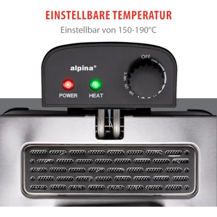 Alpina Friteuse 5L - Doppel Fritteuse mit verstellbarem Thermostat - Deep Fryer 2000 W - Edelstahl, Silber – Bild 5