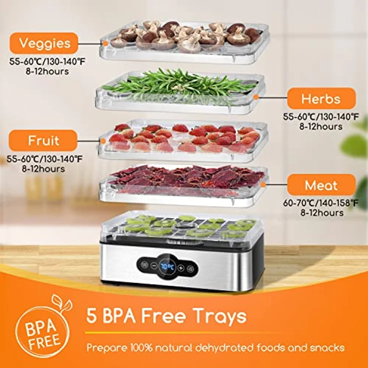 Aigostar Crispy - Dörrautomat, Dörrgerät mit Temperaturregler, 240W, 35-70°C, 99h-Timer, 5 Einlegefächer, Dörrautomat Edelstahl für Fleisch, Obst, Gemüse, Dehydrator - BPA frei – Bild 4