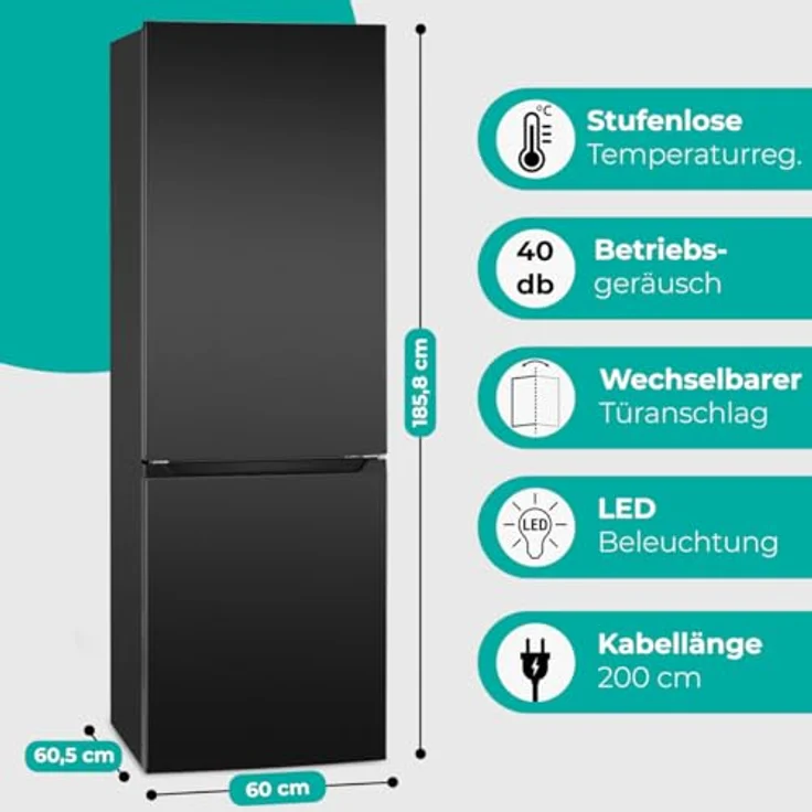 Bomann XXL Kühlschrank mit Gefrierfach 186cm | 60cm breit | Kühlgefrierkombi 4 Ablagen | 40db | KG 7357 schwarz-inox – Bild 3